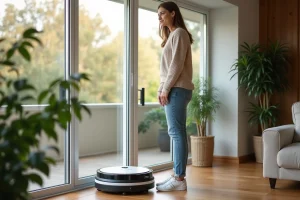 Femme regardant un robot de nettoyage de fenêtre dans un intérieur chaleureux