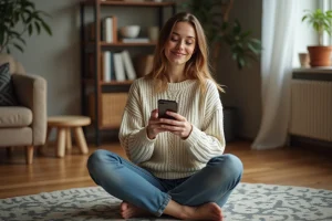 Femme souriante en pull douillet dans un salon chaleureux