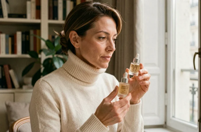 Femme tenant un sérum Hermetise dans un appartement parisien chic, peau lumineuse et atmosphère sophistiquée