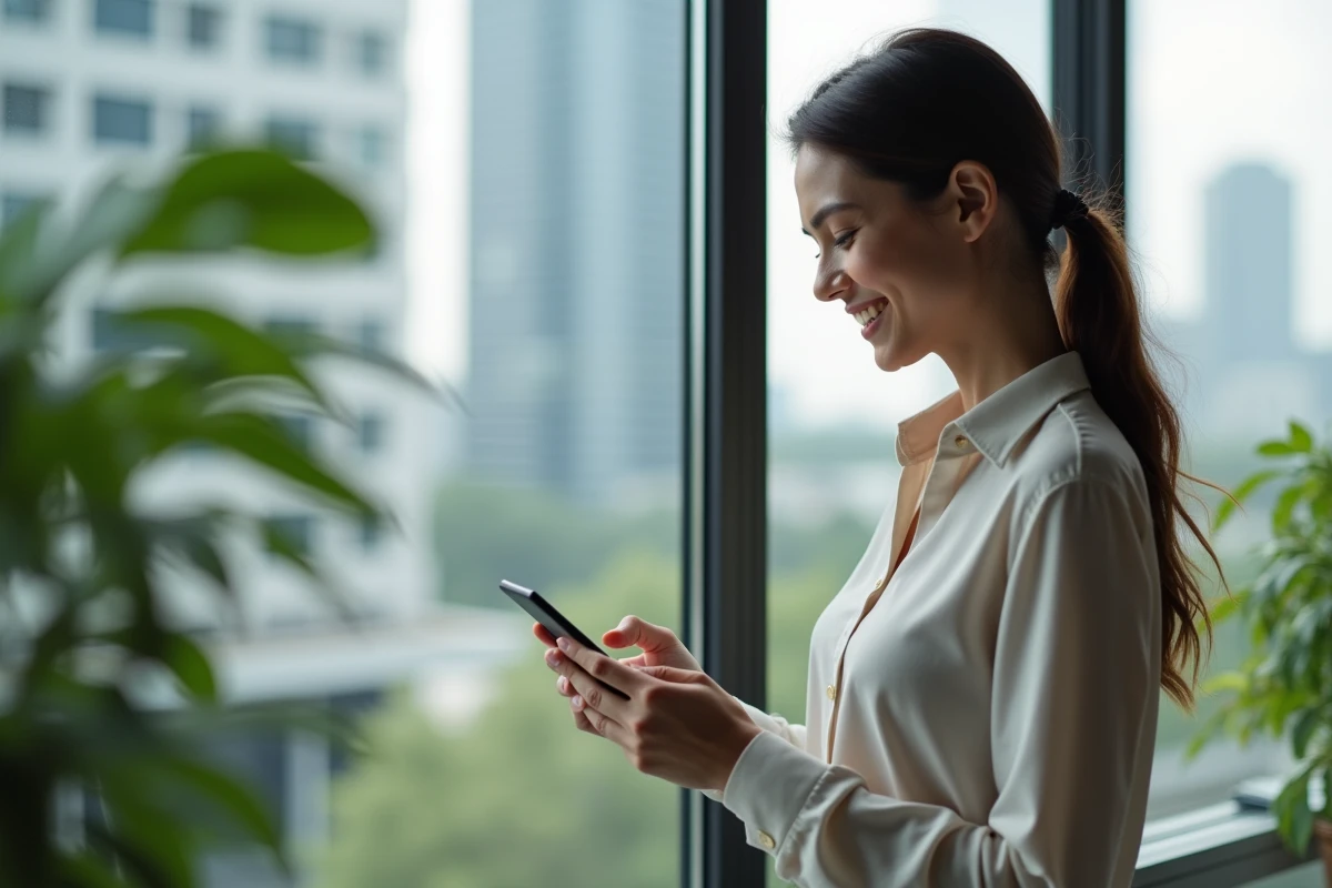 Femme souriante utilise son smartphone dans un bureau lumineux