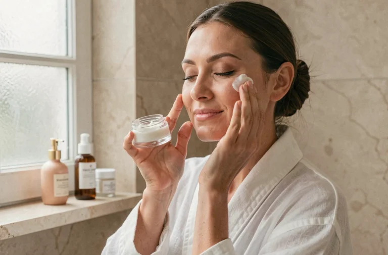 Femme appliquant un soin Hermetise sur son visage dans une salle de bain en marbre, ambiance luxe minimaliste