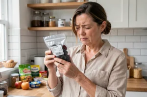 Femme vérifiant la date de péremption d'un sachet de pruneaux dans une cuisine moderne
