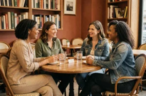 Groupe de femmes de différentes origines échangeant autour d'une table dans un café parisien chaleureux