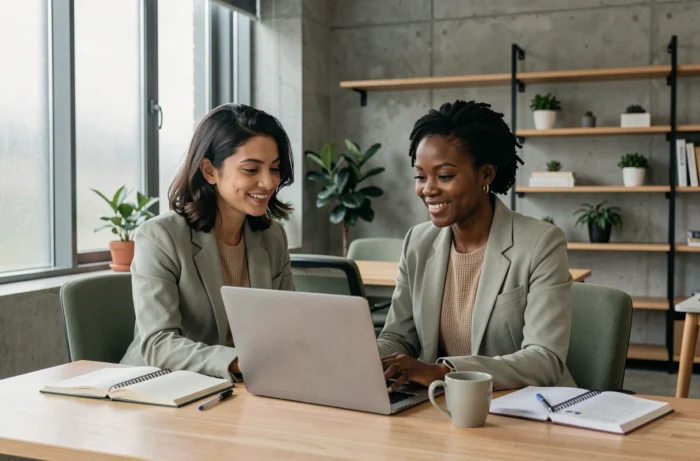 Deux femmes de cultures différentes collaborant dans un espace de coworking moderne et lumineux