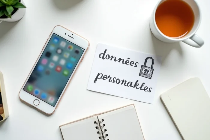 Vue de dessus d'un bureau avec smartphone affichant les réseaux sociaux, un cadenas dessiné et des notes sur la confidentialité des données personnelles