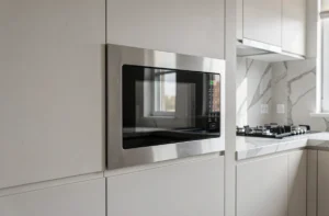 Four micro-ondes encastrable intégré dans un meuble de cuisine moderne avec façade en inox et commandes tactiles