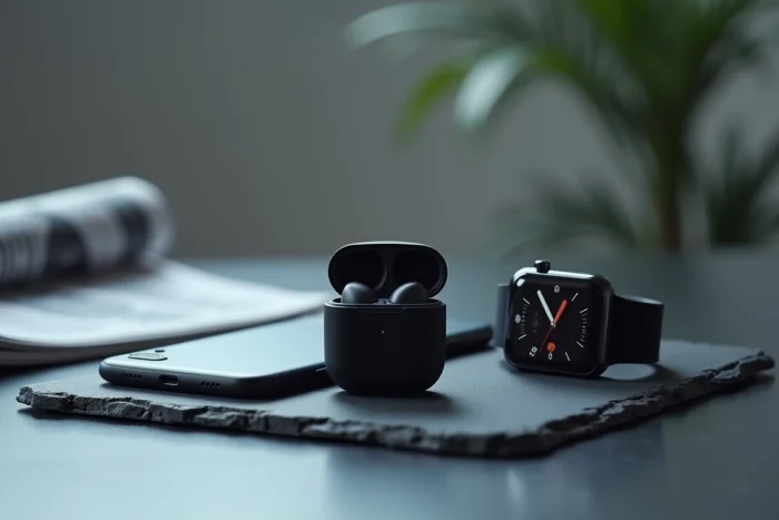 Composition éditoriale de gadgets high-tech incluant smartphone, montre connectée et écouteurs sans fil sur une surface en ardoise