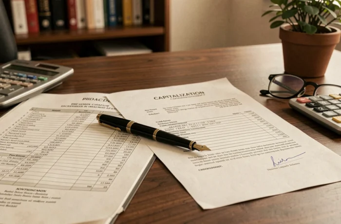 Gros plan sur un contrat de capitalisation et un registre comptable posés sur un bureau professionnel