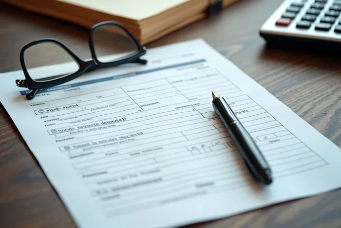 Gros plan du formulaire 2044 rempli à la main posé sur un bureau en bois avec stylo et calculatrice