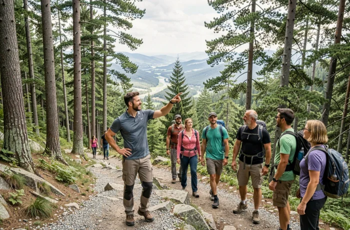 Guide touristique saisonnier accompagnant un groupe en randonnée en montagne, emploi saisonnier en plein air valorisant