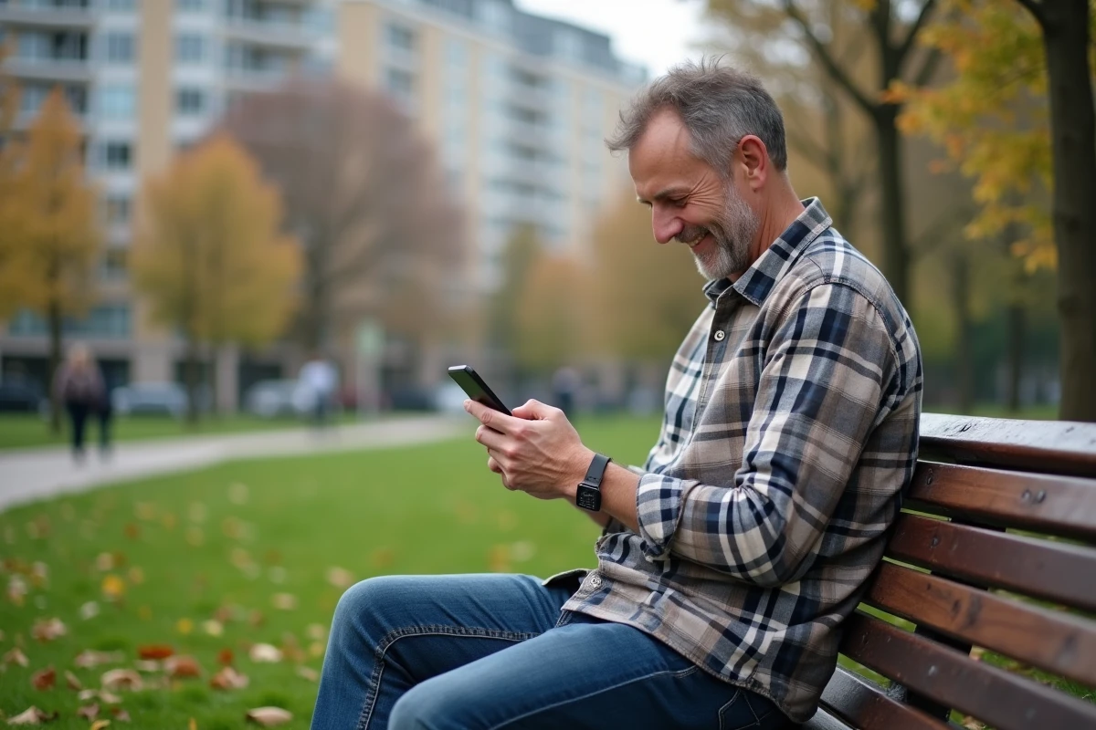 Homme d age utilisant une application bancaire en plein air