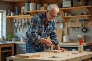 Homme en plaid assemble un meuble en bois dans son atelier