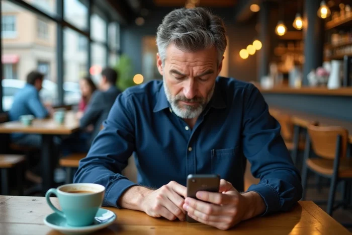 Homme dans un café vérifiant les paramètres de messagerie SMS sur son smartphone