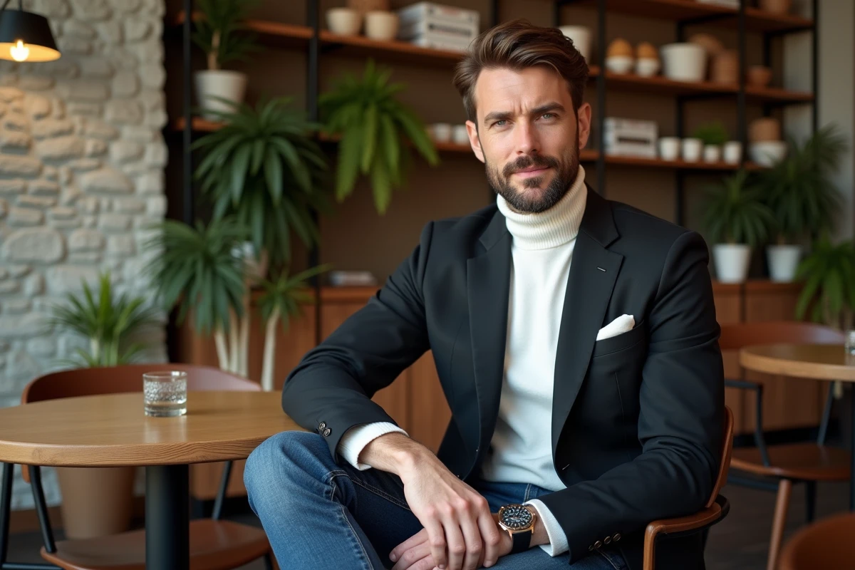 Homme en blazer assis dans un café moderne et cosy