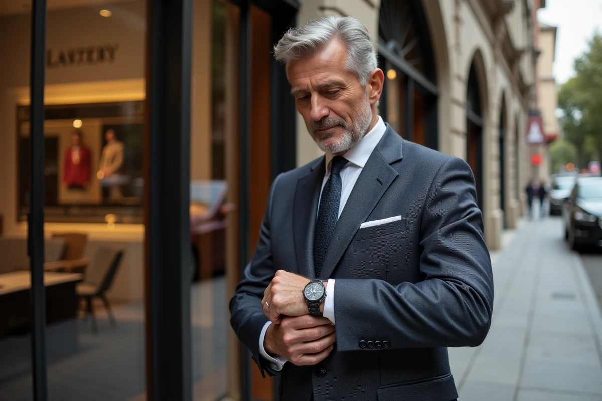 Homme en costume ajusté ajustant sa montre devant une boutique de luxe