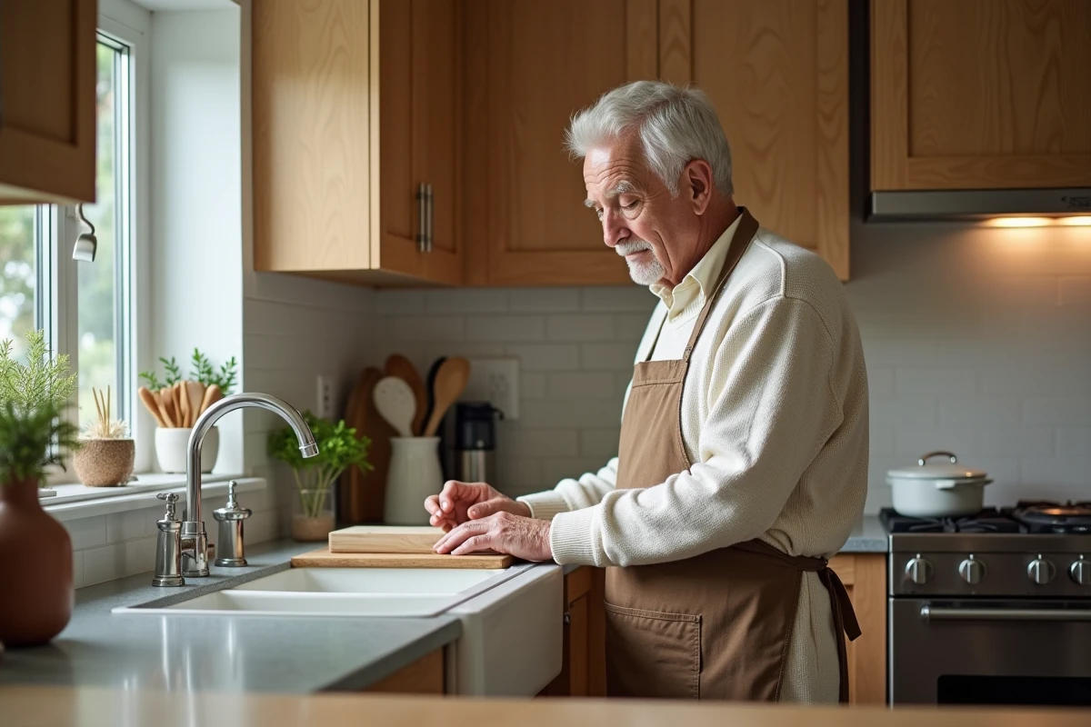 Homme âgé en tablier arrangeant des ustensiles dans une cuisine chaleureuse