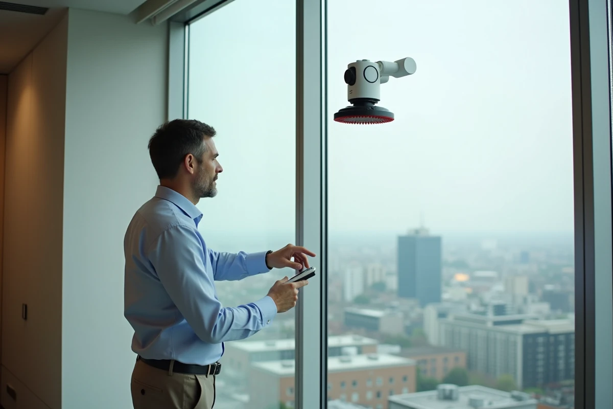 Homme montrant un robot de nettoyage de fenêtre dans un bureau moderne