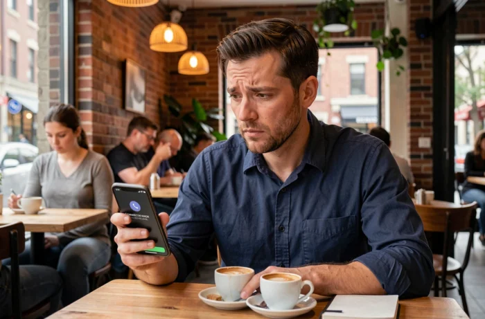 Homme consultant son smartphone avec une erreur de connexion dans un café urbain