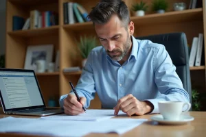 Homme consultant le formulaire 2044 de déclaration des revenus fonciers sur son bureau à domicile