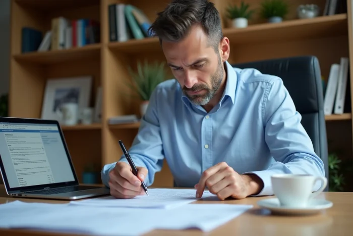 Homme consultant le formulaire 2044 de déclaration des revenus fonciers sur son bureau à domicile