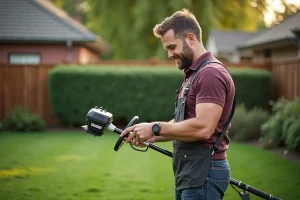 Homme d'âge moyen inspectant une taille-haie dans un jardin