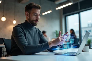 Homme utilisant un casque de réalité augmentée dans un bureau high-tech moderne pour explorer les tendances technologiques de l'année