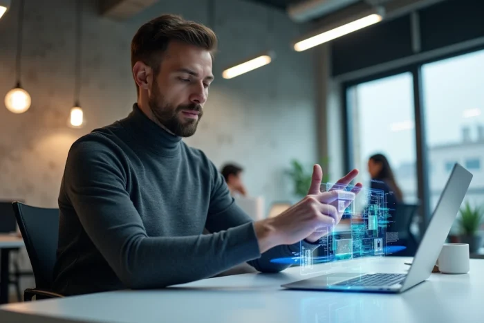 Homme utilisant un casque de réalité augmentée dans un bureau high-tech moderne pour explorer les tendances technologiques de l'année