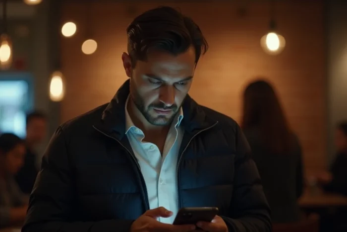 Homme consultant son smartphone dans un café public, symbolisant l'exposition des données personnelles et les risques de confidentialité sur les plateformes numériques