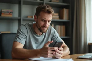 Homme confus regardant son smartphone avec un SMS bloqué affiché à l'écran