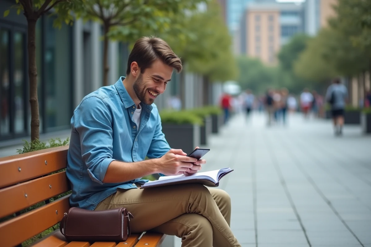 Homme en ville recherchant un emploi sur son smartphone