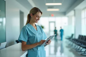 Infirmière consultant une tablette numérique à l'accueil d'un établissement de santé moderne