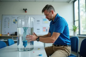 Ingénieur en polo bleu assemble un siphon dans une salle moderne