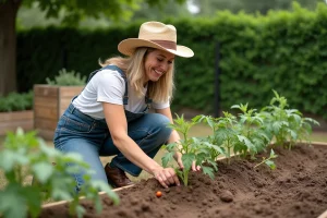 Femme en overalls dans un jardin de légumes en train de pailler