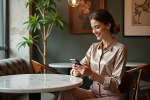 Jeune femme élégante utilisant son smartphone dans un café chic
