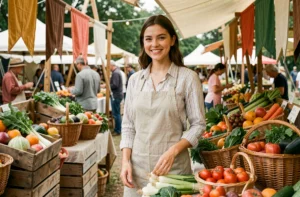 Jeune femme travaillant dans un marché saisonnier, arrangeant des légumes frais avec le sourire, illustration d'un emploi saisonnier enrichissant