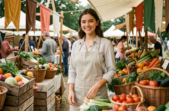 Jeune femme travaillant dans un marché saisonnier, arrangeant des légumes frais avec le sourire, illustration d'un emploi saisonnier enrichissant