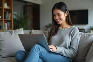 Jeune femme détendue avec ordinateur portable dans un salon moderne
