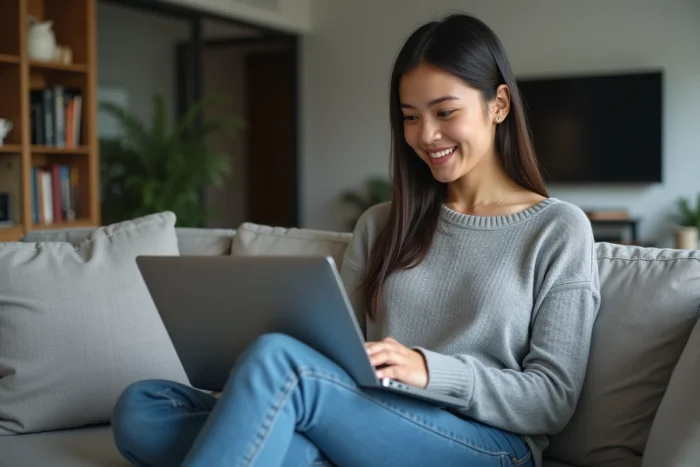 Jeune femme détendue avec ordinateur portable dans un salon moderne