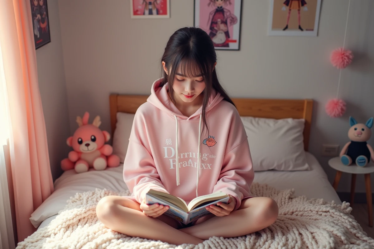 Jeune femme lisant manga dans chambre cozy