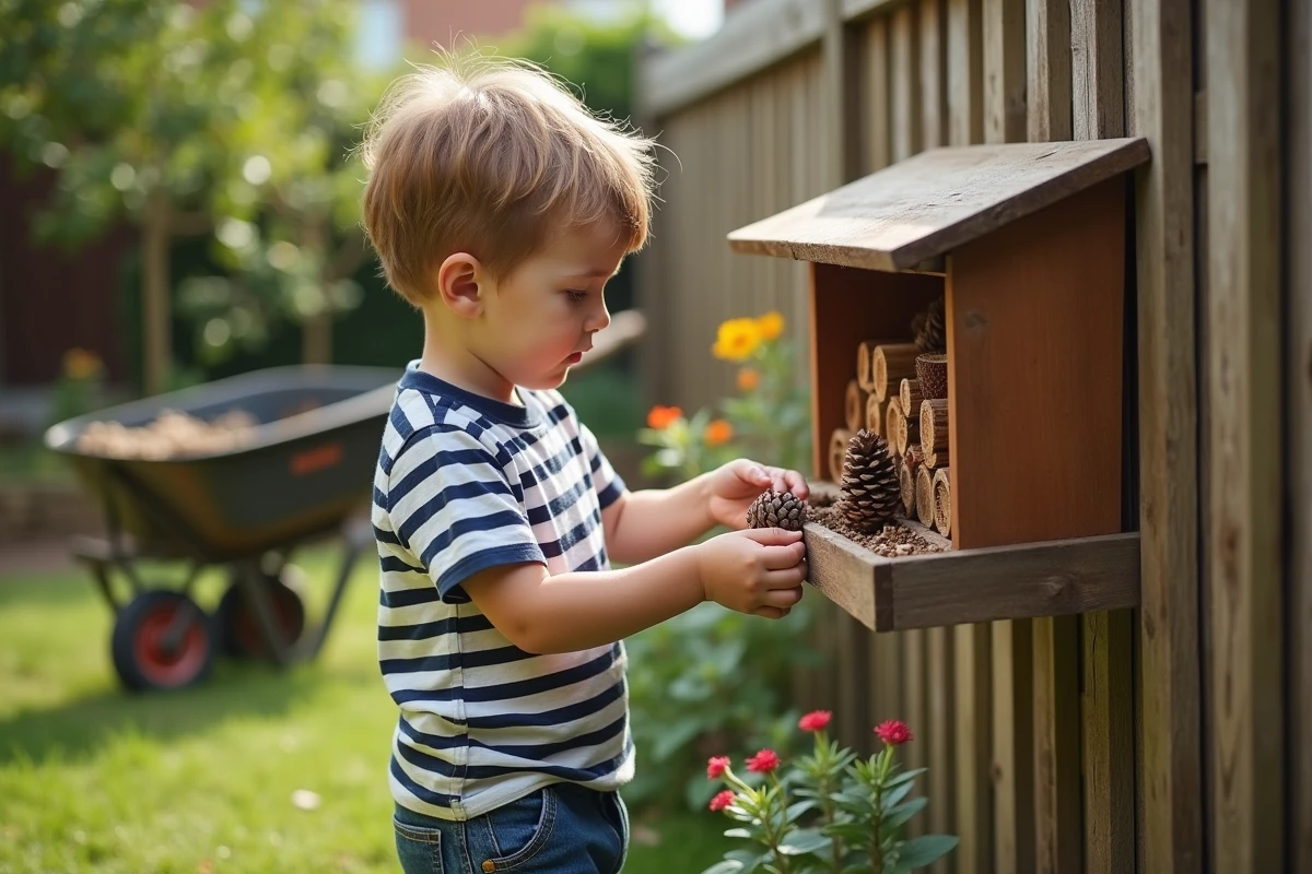 Garçon remplissant un hôtel à insectes dans un jardin