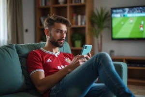 Jeune homme regardant son smartphone en jersey de football