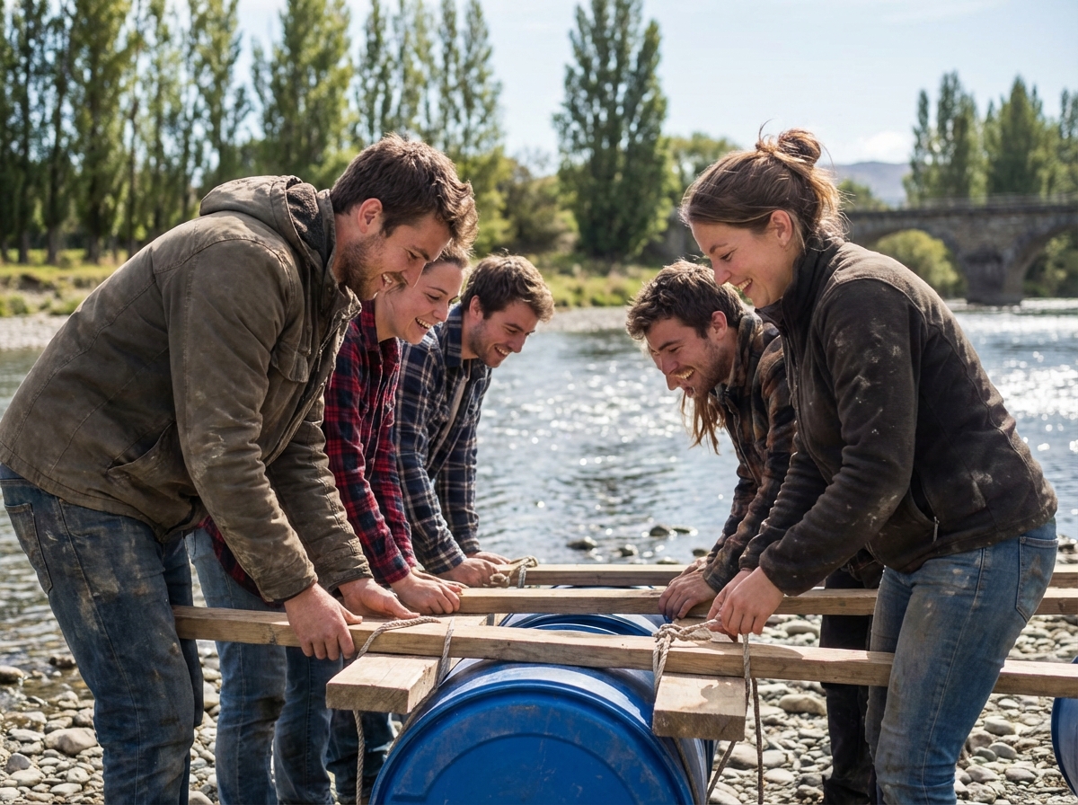 Jeunes professionnels construisent un radeau au bord de la rivière