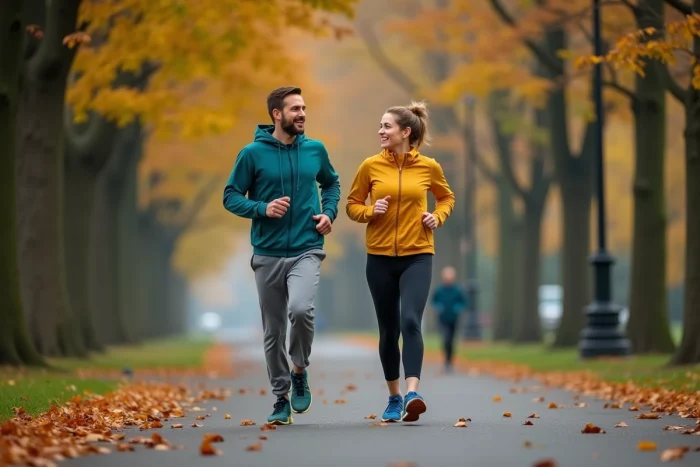 Couple faisant du jogging ensemble dans un parc urbain en automne pour adopter un mode de vie actif et sain