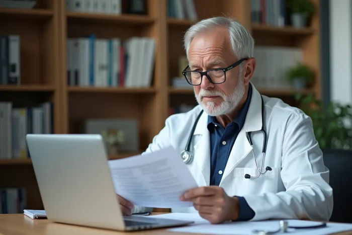 Médecin généraliste consultant des documents de fournitures médicales dans son cabinet