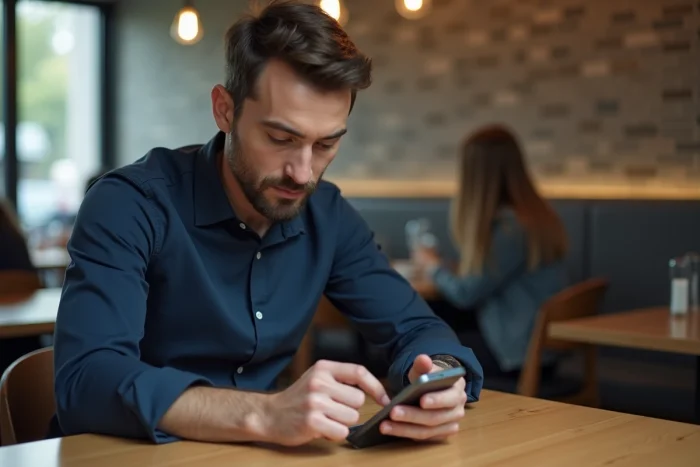 Homme vérifiant les paramètres de confidentialité de Snapchat dans un café urbain