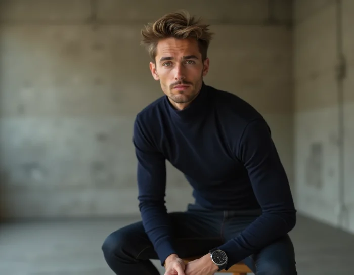 Portrait éditorial d'un jeune acteur néerlandais aux cheveux blond foncé portant un pull col roulé marine, assis dans un studio minimaliste aux murs en béton brut