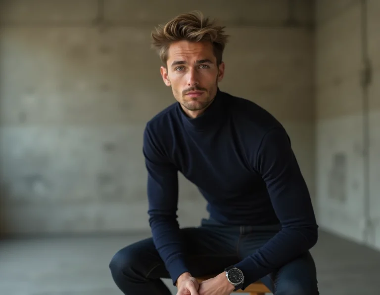 Portrait éditorial d'un jeune acteur néerlandais aux cheveux blond foncé portant un pull col roulé marine, assis dans un studio minimaliste aux murs en béton brut