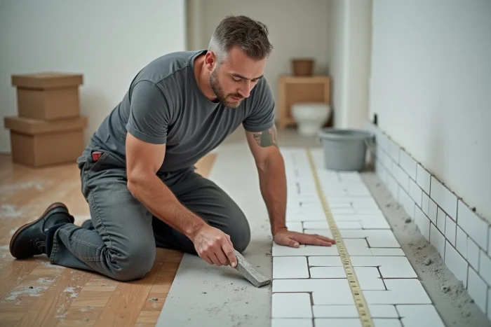 Homme posant des carreaux de céramique sur un sol de salle de bain en rénovation