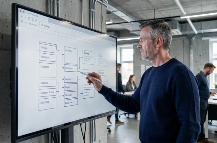 Professionnel pointant une architecture de site web sur un grand écran dans une agence digitale moderne