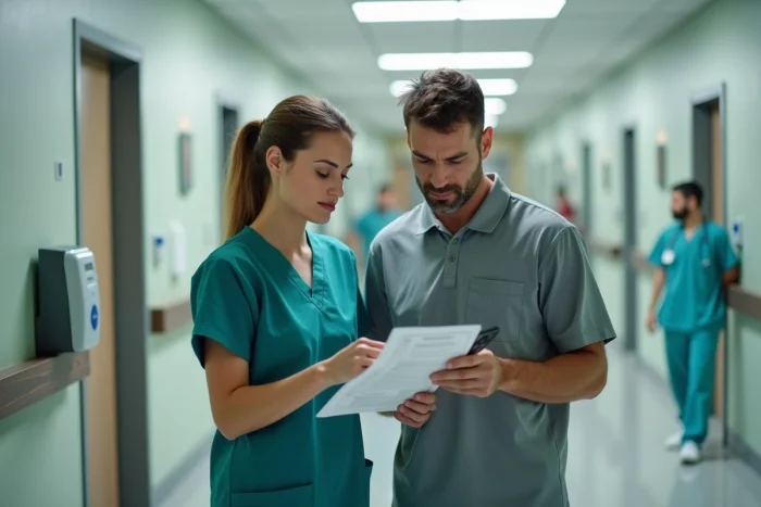 Deux professionnels de santé vérifiant une liste de livraison de matériel médical dans un couloir d'hôpital